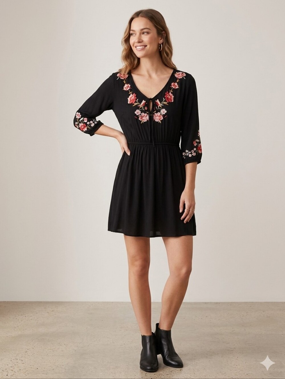 Adam Levine 3/4 split sleeve mini dress - black with floral detail - medium